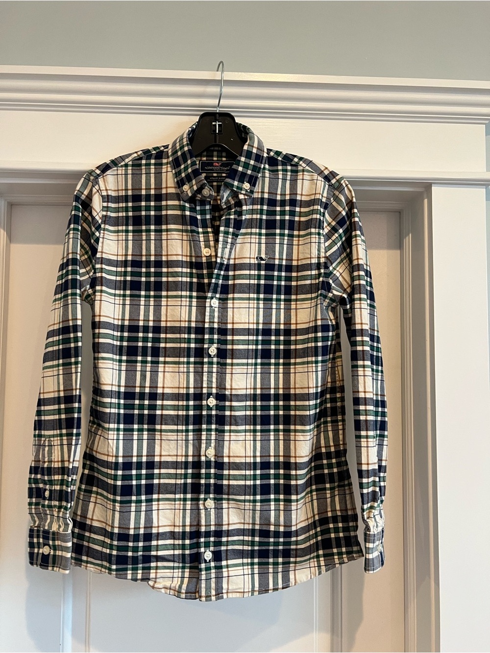 Vineyard Vines Boys Plaid Button-Down in Navy, Green & Cream